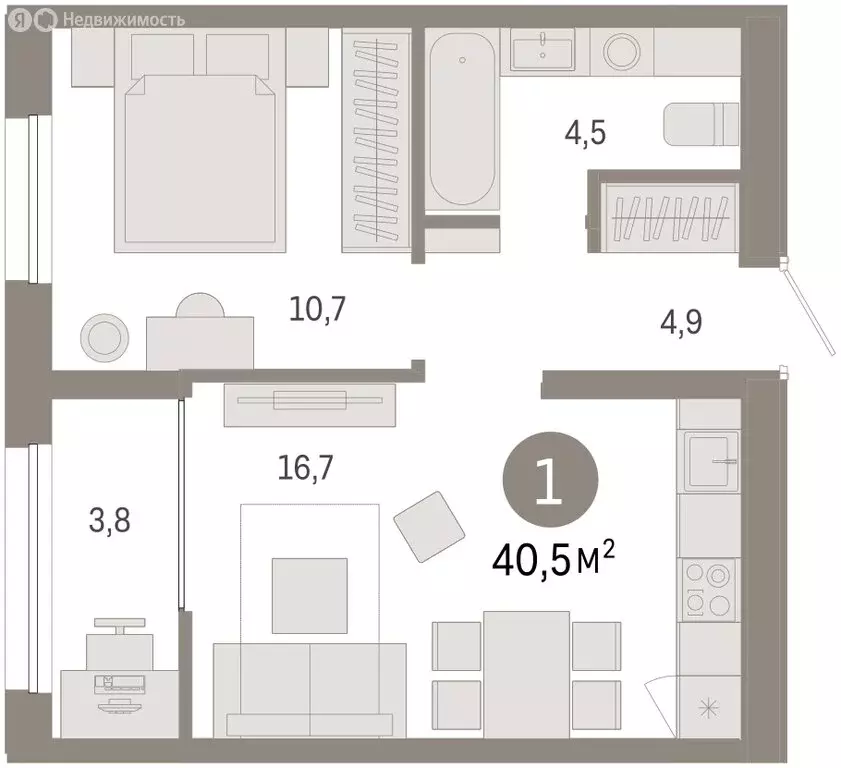 2-комнатная квартира: Тюмень, улица Республики, 205к1 (40.5 м) - Фото 1