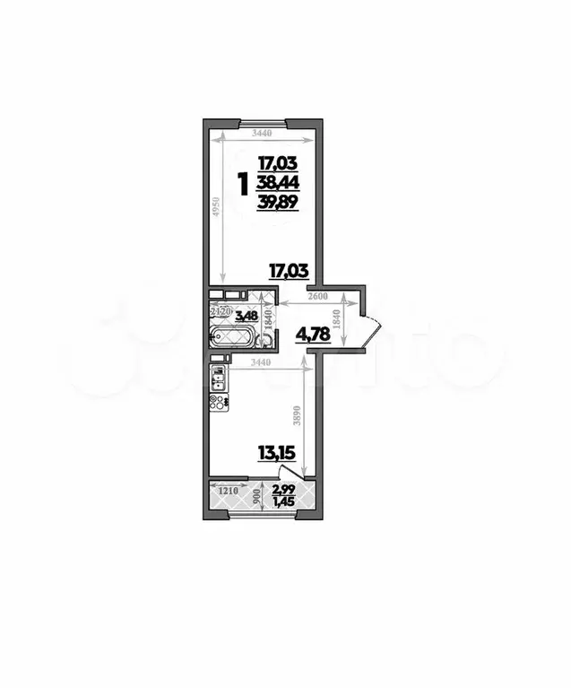 1-к. квартира, 39,9 м, 2/8 эт. - Фото 1
