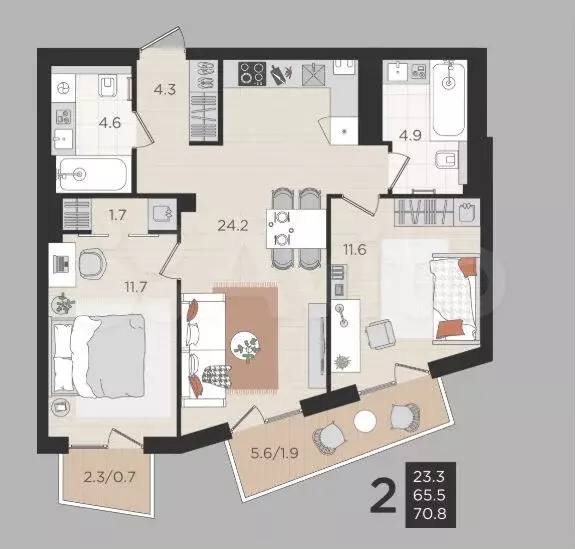 2-к. квартира, 65,5 м, 3/4 эт. - Фото 1
