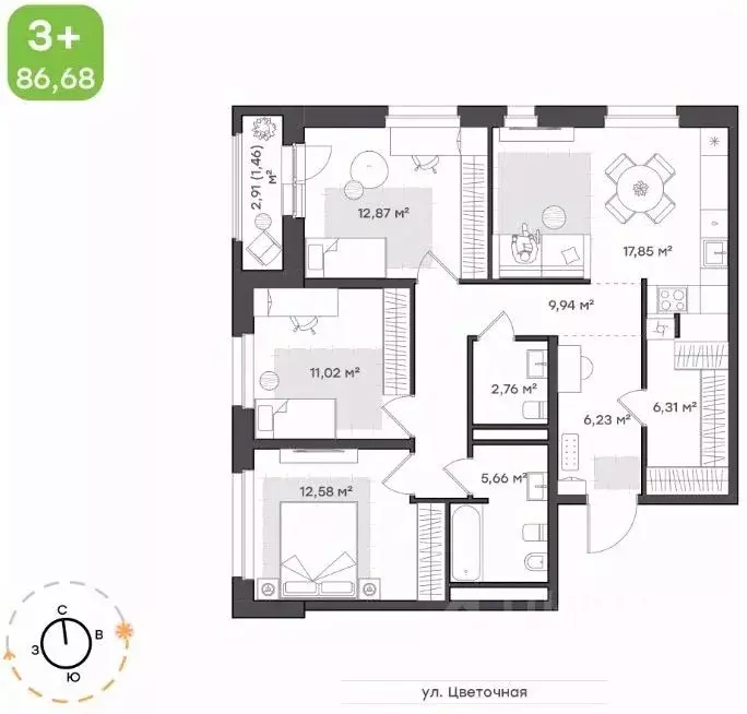 3-к кв. Тверская область, Тверь ул. 2-я Красина, 64 (86.68 м) - Фото 1