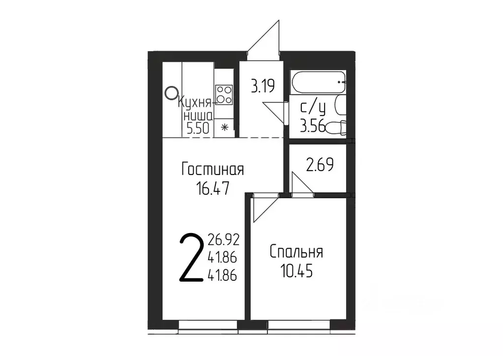 2-к кв. Башкортостан, Уфа ул. Бородинская, 19/1 (41.86 м) - Фото 0