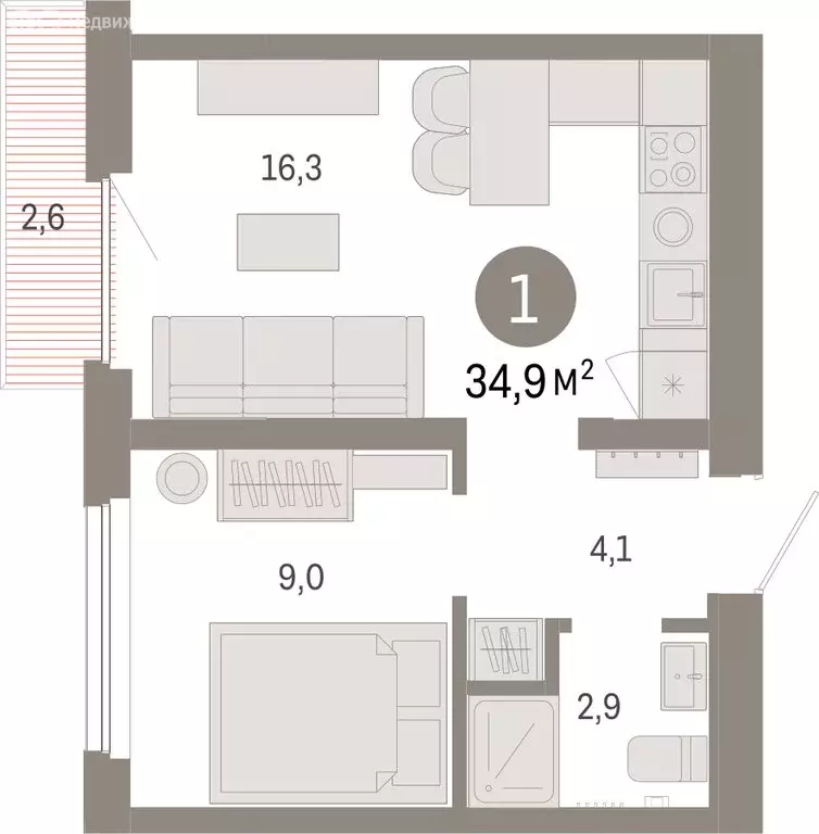 1-комнатная квартира: Екатеринбург, микрорайон Академический, 19-й ... - Фото 2