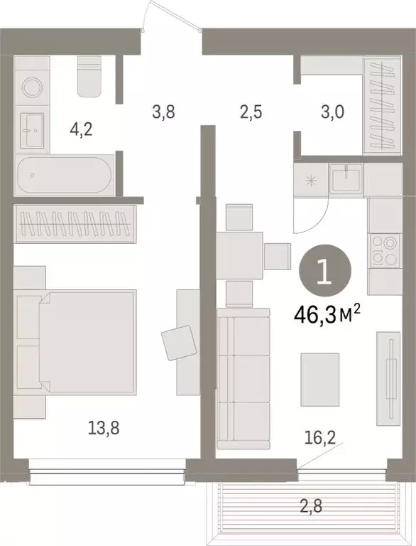 1-комнатная квартира: Тюмень, Мысовская улица, 26к1 (46.33 м) - Фото 1