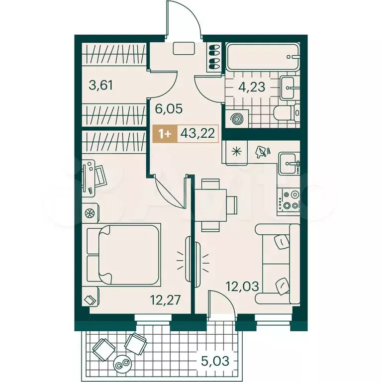 1-к. квартира, 43 м, 7/9 эт. - Фото 0