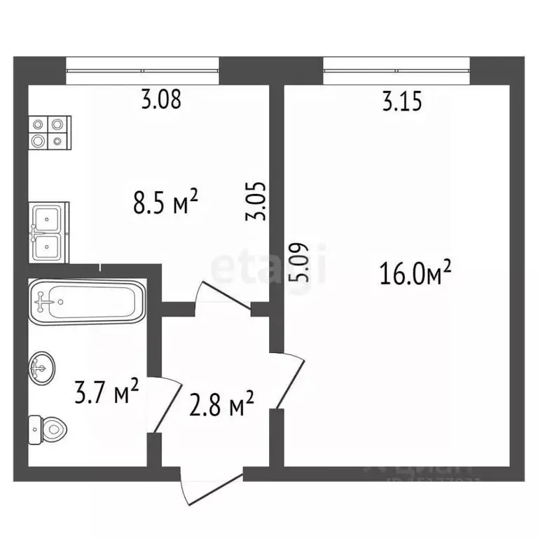 1-к кв. Ямало-Ненецкий АО, Ноябрьск Магистральная ул., 119 (33.2 м) - Фото 1
