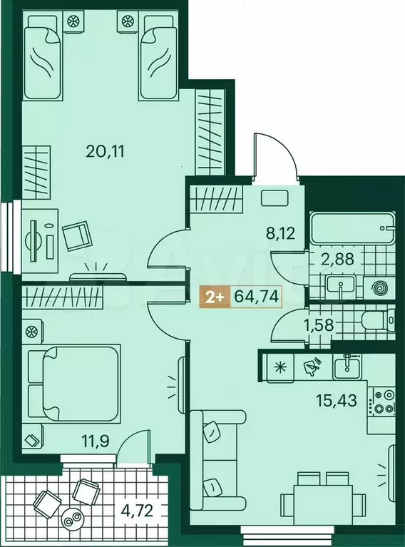 2-к. квартира, 64,7 м, 6/9 эт. - Фото 0