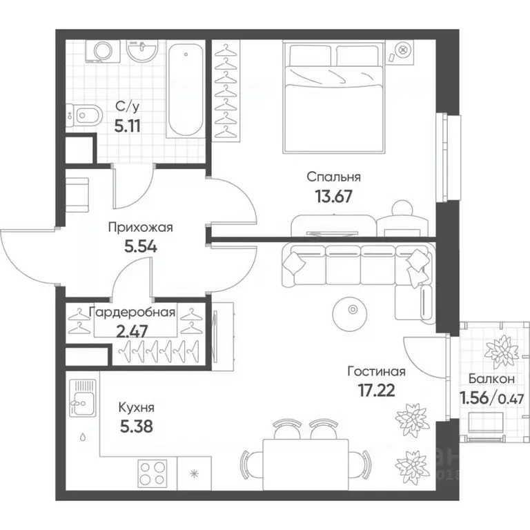 2-к кв. Татарстан, Казань Счастье в Казани жилой комплекс (49.9 м) - Фото 1