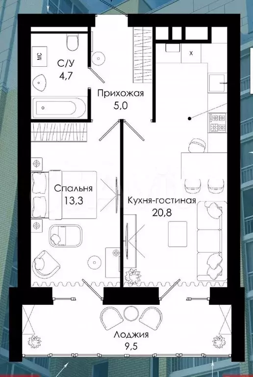 1-к. квартира, 54,1 м, 3/10 эт. - Фото 0