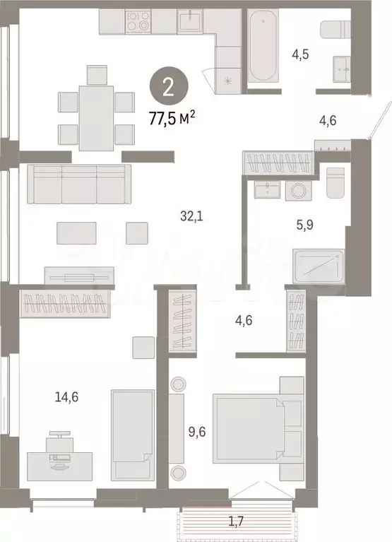 2-к. квартира, 77,5 м, 10/23 эт. - Фото 1