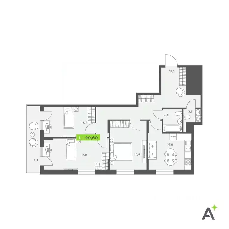 3-к кв. Санкт-Петербург бул. Александра Грина, 4 (90.6 м) - Фото 1