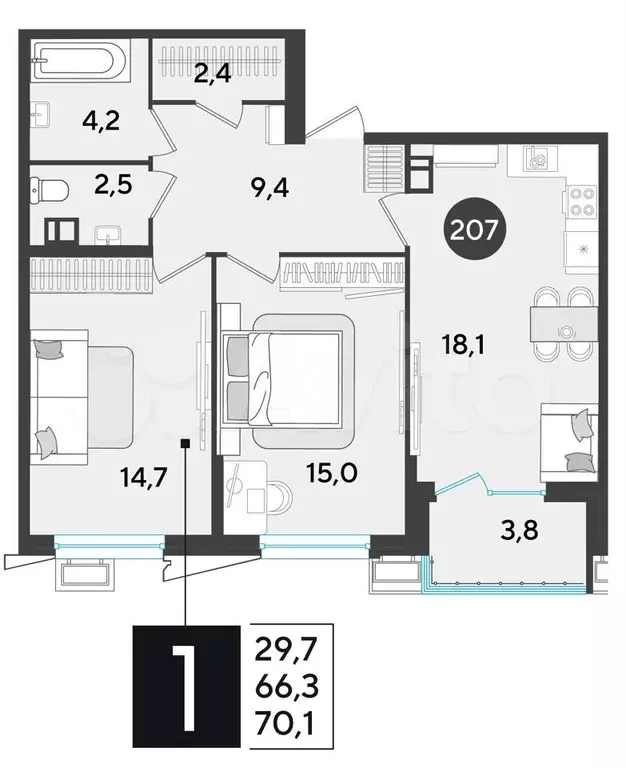 2-к. квартира, 70,1 м, 8/9 эт. - Фото 1