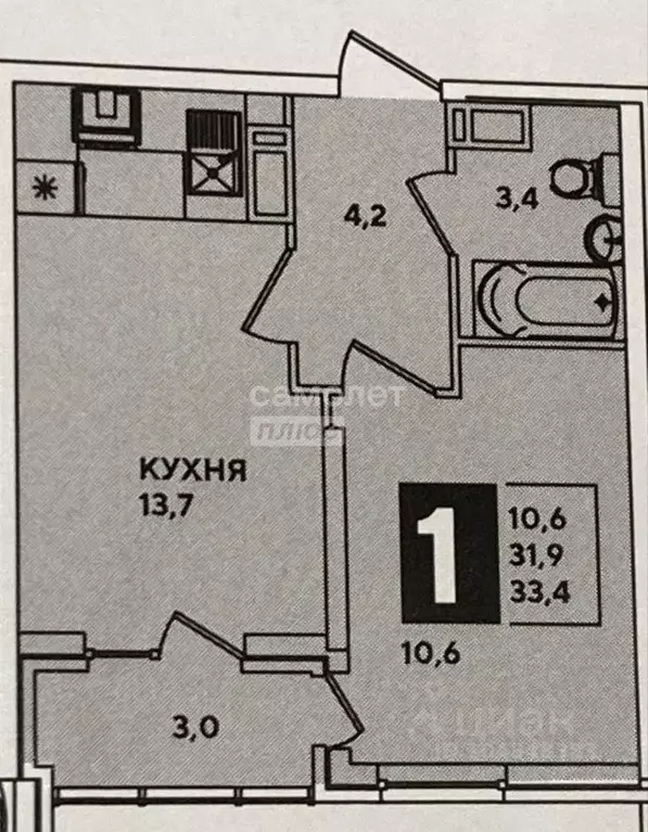 Квартира, 1 комната, 32.1 м - Фото 1
