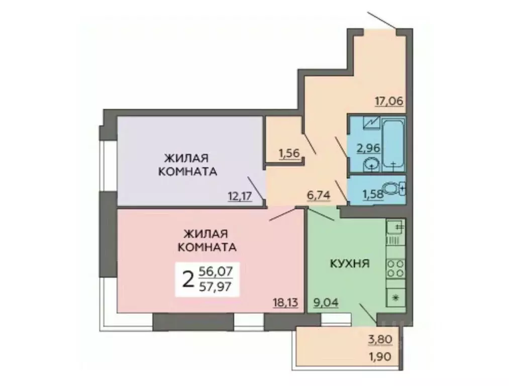 2-к кв. Воронежская область, Воронеж ул. Ворошилова, 63/2 (57.97 м) - Фото 0
