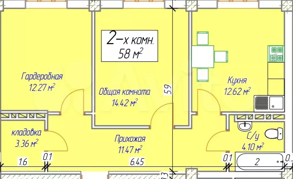 2-к. квартира, 58 м, 5/8 эт. - Фото 0
