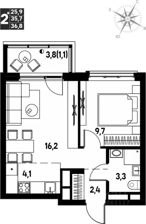 Студия Пермский край, д. Кондратово просп. Дягилева, 3 (36.8 м) - Фото 1