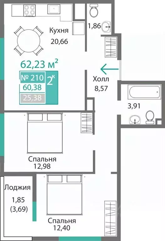 2-к кв. Крым, Симферополь Крымская роза мкр,  (62.23 м) - Фото 0