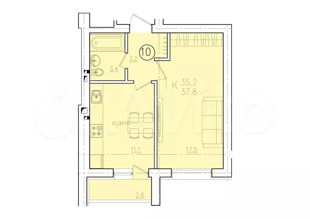 1-к. квартира, 37,8 м, 10/10 эт. - Фото 0