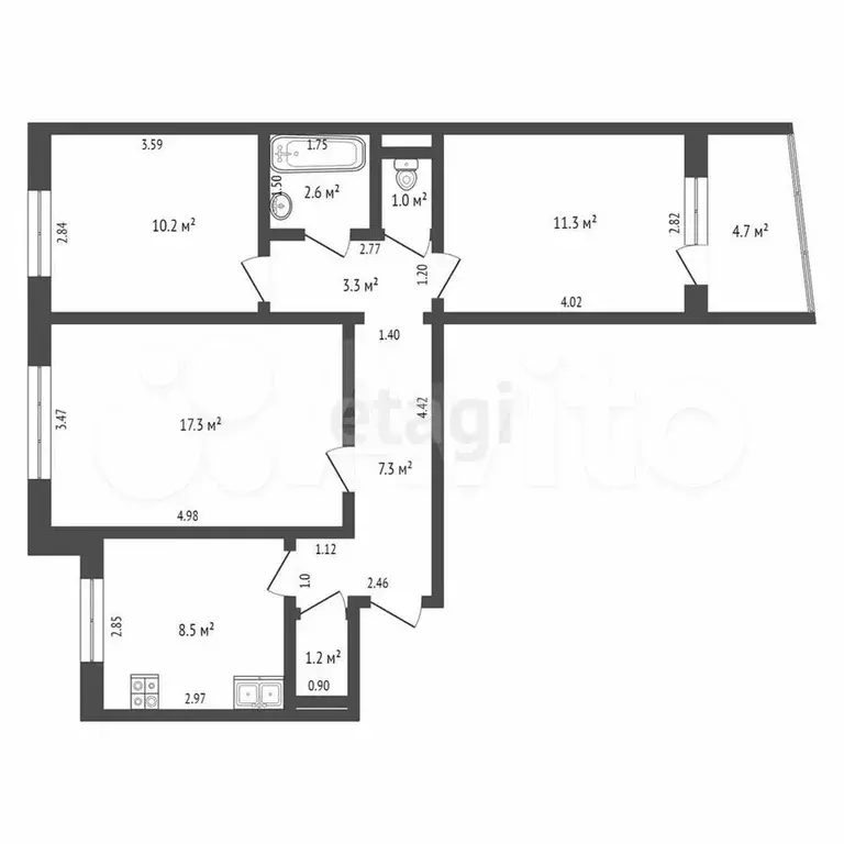 3-к. квартира, 62,8 м, 7/9 эт. - Фото 1