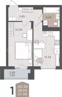 1-к. квартира, 38,9 м, 2/9 эт. - Фото 1