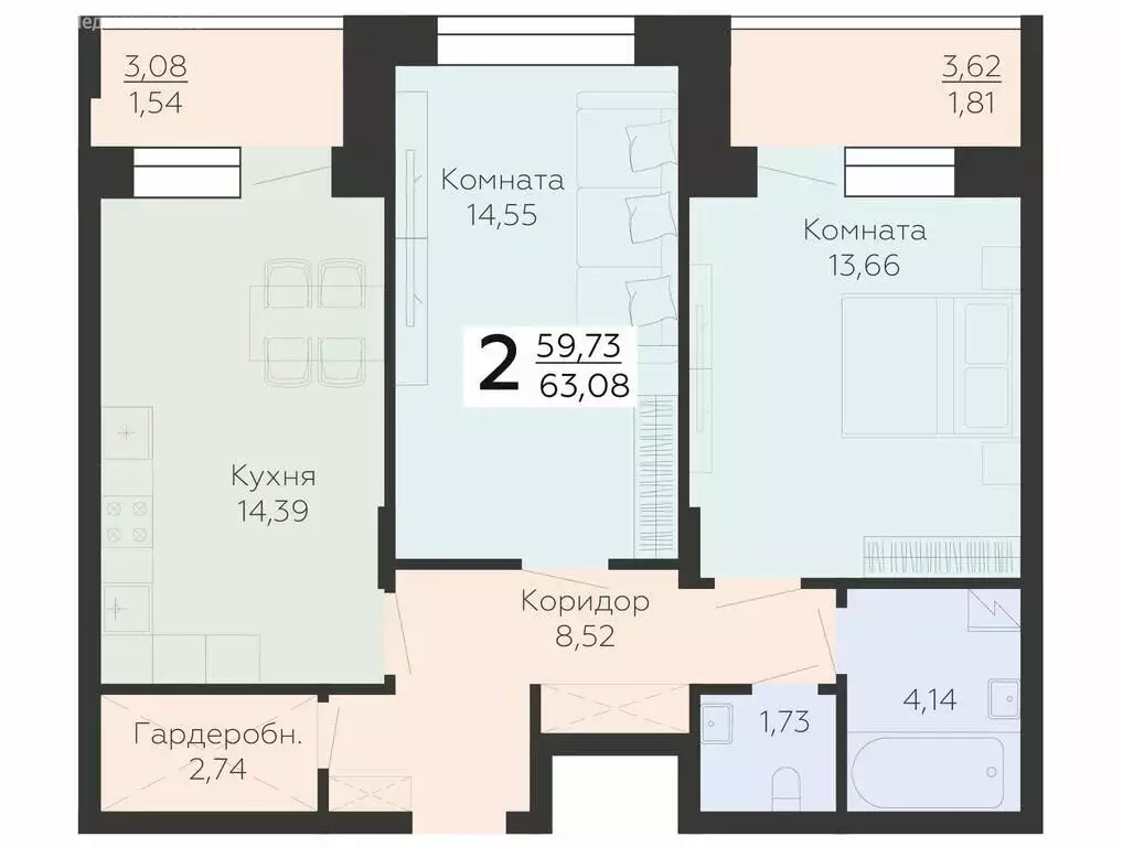 2-комнатная квартира: Воронеж, Электросигнальная улица, 9А (63.08 м) - Фото 1