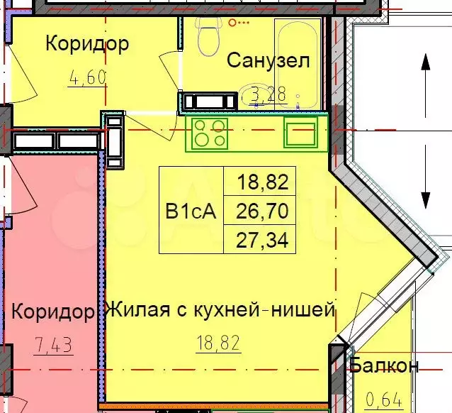 Квартира-студия, 27,3 м, 4/9 эт. - Фото 0