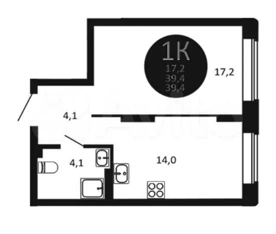 1-к. квартира, 39,4 м, 4/22 эт. - Фото 0