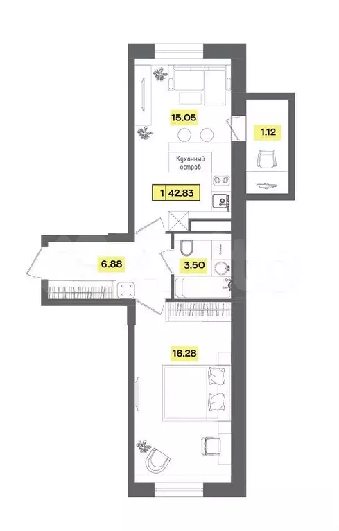 2-к. квартира, 42,8 м, 4/9 эт. - Фото 0