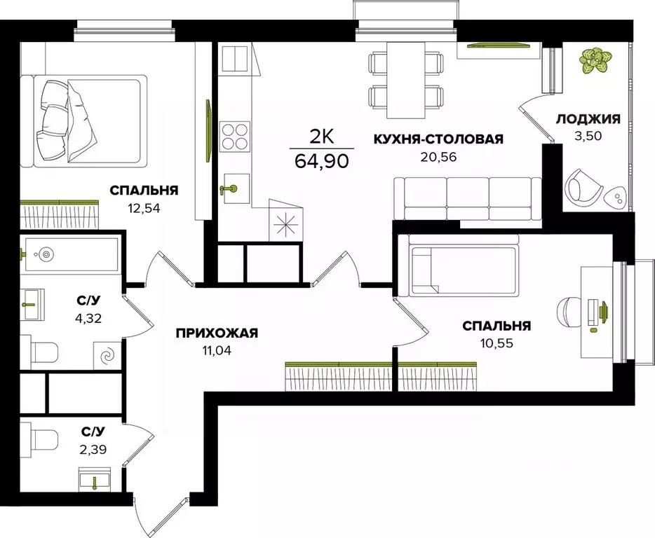 2-к кв. Тульская область, Тула  (64.9 м) - Фото 0