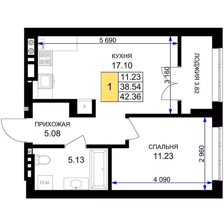 1-комнатная квартира: Гурьевск, жилой комплекс Включи (42.36 м) - Фото 1