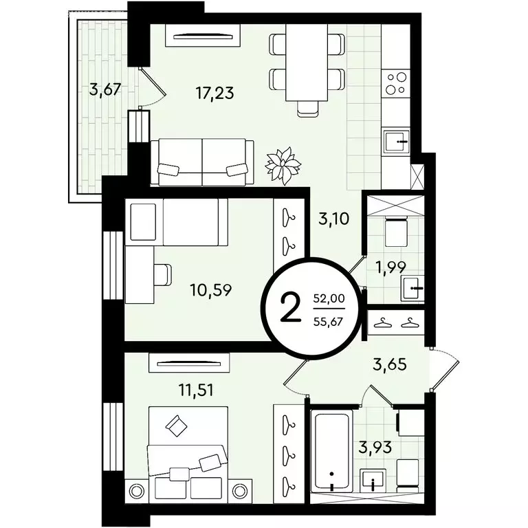 2-комнатная квартира: Тюмень, улица Александра Звягина (55.67 м) - Фото 0
