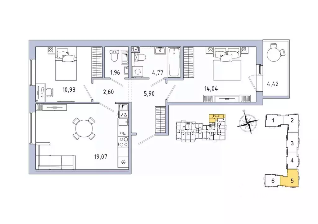 Квартира, 2 комнаты, 60.65 м - Фото 1
