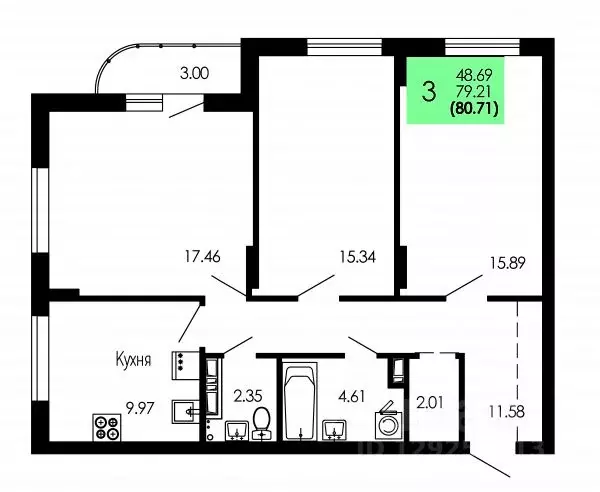 3-к кв. Воронежская область, Воронеж Оникс жилой комплекс (80.71 м) - Фото 1
