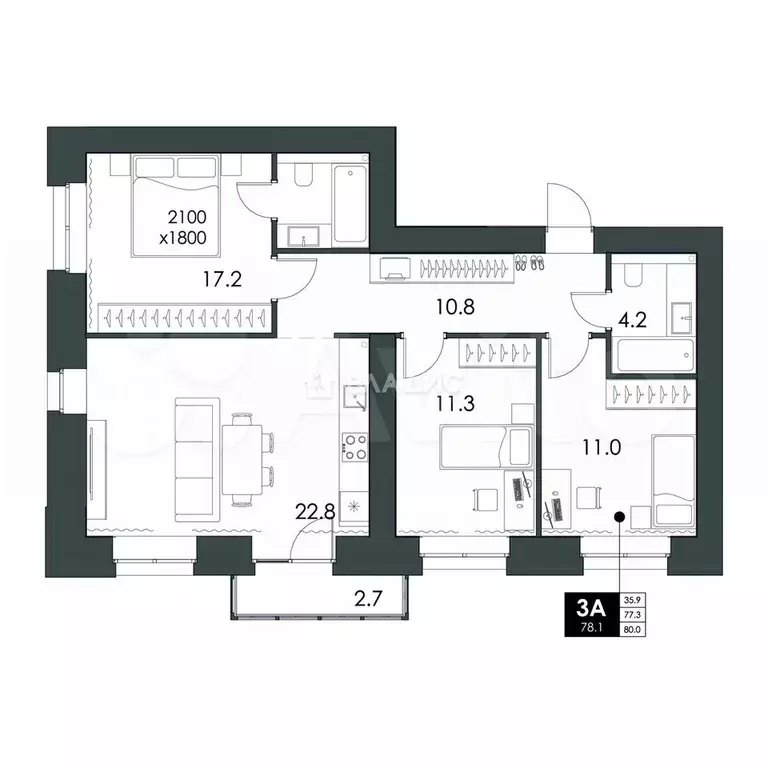 3-к. квартира, 78,1 м, 4/16 эт. - Фото 0