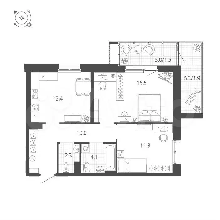 2-к. квартира, 60 м, 16/18 эт. - Фото 1