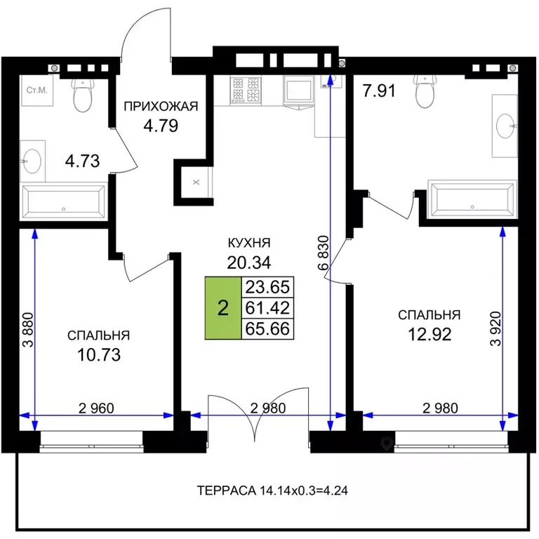 2-к кв. Калининградская область, Гурьевск Включи жилой комплекс (65.66 ... - Фото 1
