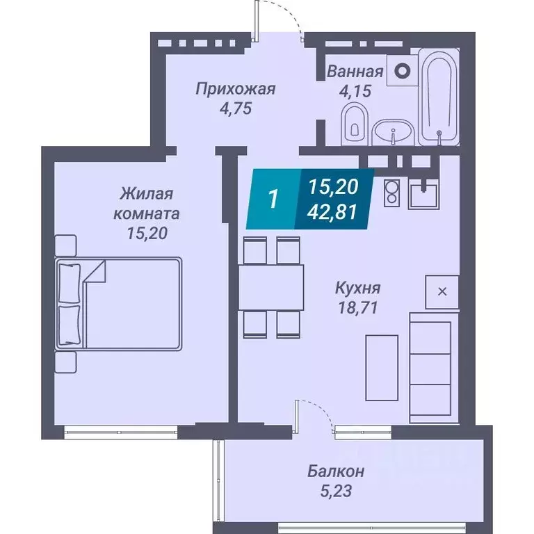 1-к кв. Новосибирская область, Новосибирск ул. Королева, 19 (42.81 м) - Фото 0