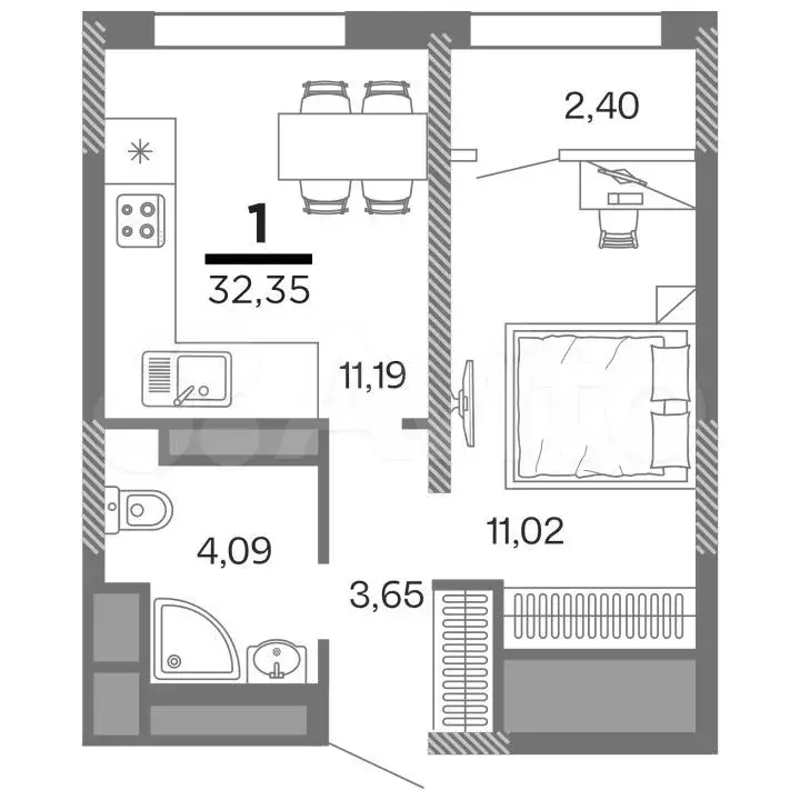 1-к. квартира, 32,4 м, 4/25 эт. - Фото 0