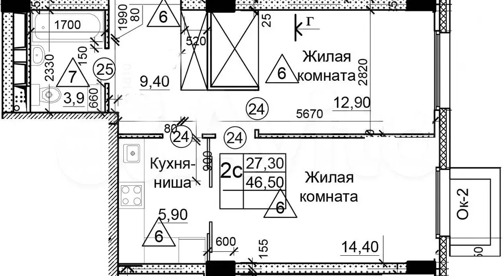 2-к. квартира, 46,5 м, 13/25 эт. - Фото 0