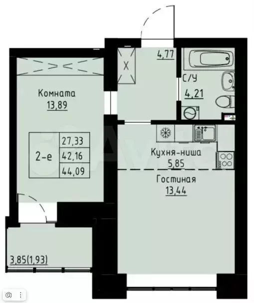 2-к. квартира, 44,1 м, 7/7 эт. - Фото 1