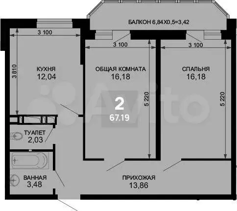 2-к. квартира, 67,2 м, 3/19 эт. - Фото 1