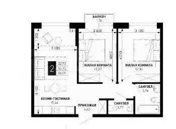 2-к. квартира, 56 м, 7/16 эт. - Фото 1