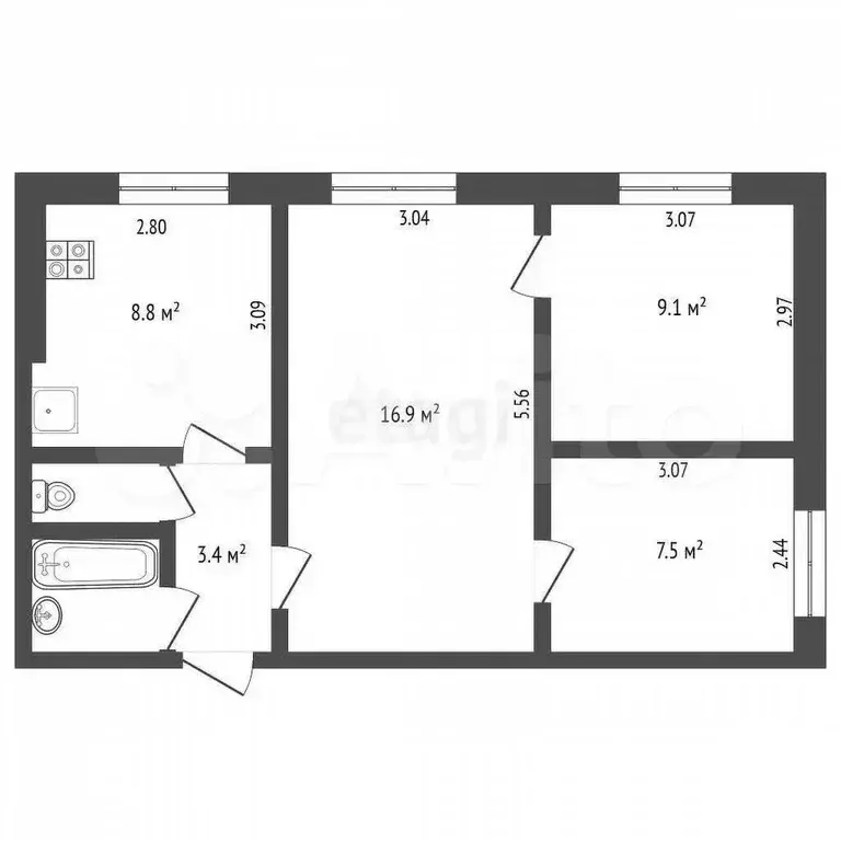 3-к. квартира, 49,1 м, 1/9 эт. - Фото 0