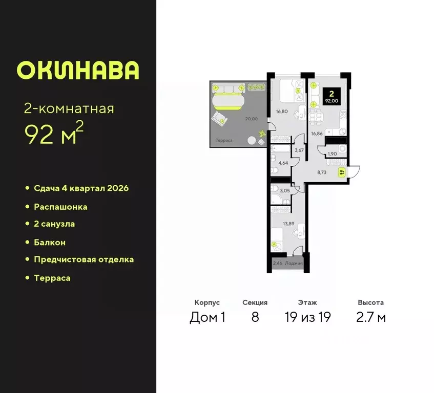 2-к кв. Тюменская область, Тюмень Окинава жилой комплекс (92.0 м) - Фото 0