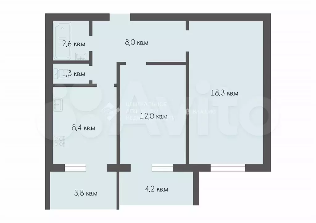 2-к. квартира, 50,6 м, 4/9 эт. - Фото 0