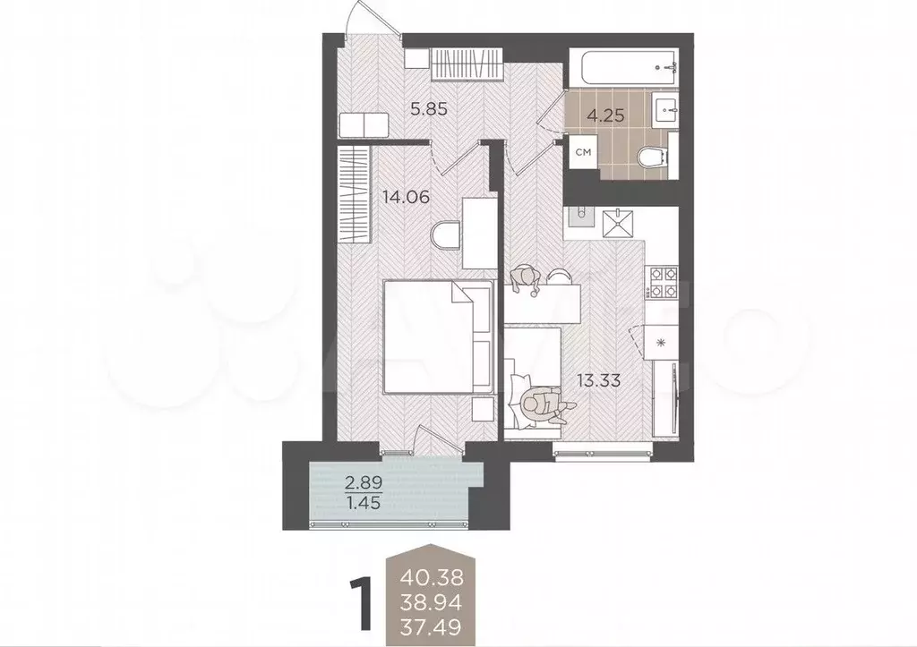 1-к. квартира, 38,9 м, 2/9 эт. - Фото 1