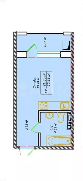 Квартира-студия, 26,2 м, 5/12 эт. - Фото 1