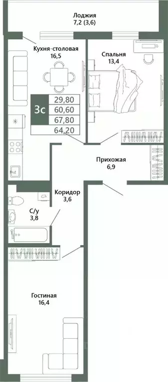 2-к кв. Кемеровская область, Кемерово 64-й мкр, Лучи жилой комплекс ... - Фото 1