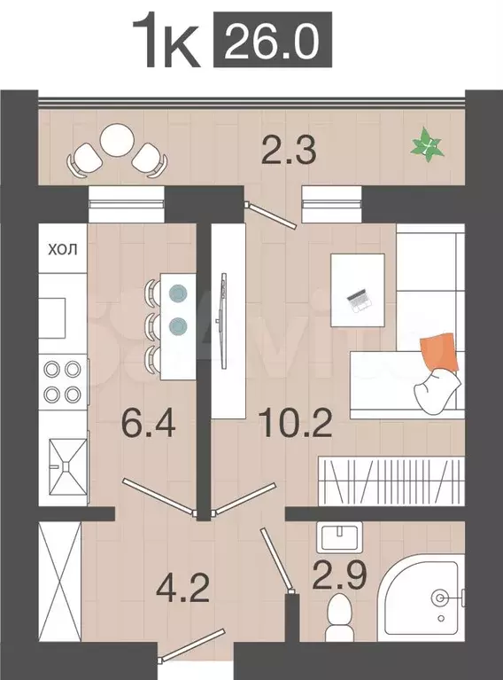 1-к. квартира, 26 м, 2/4 эт. - Фото 0