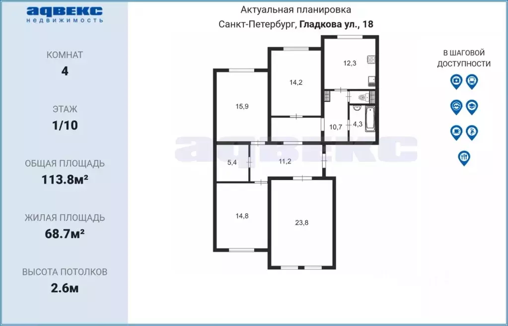 4-к кв. Санкт-Петербург ул. Гладкова, 18 (113.8 м) - Фото 1