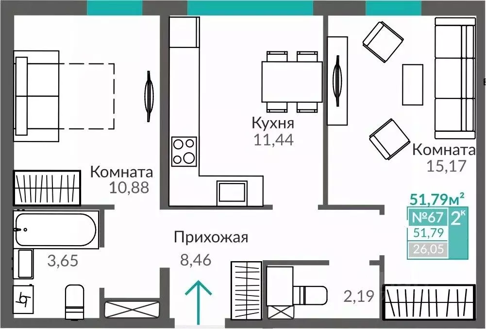 2-к кв. Крым, Симферополь Крымская роза мкр,  (51.79 м) - Фото 0